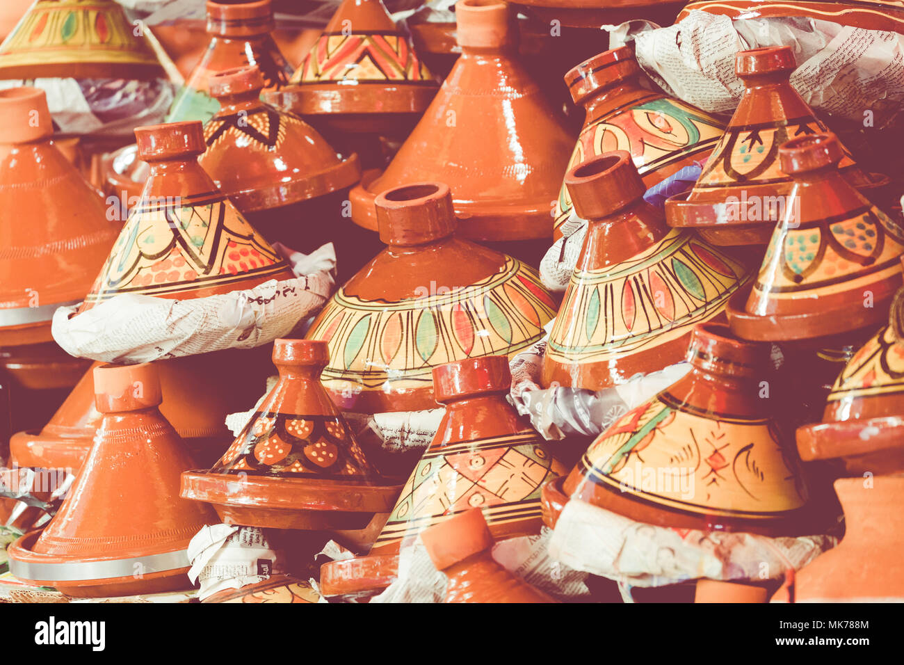 Selection of very colorful Moroccan tajines. Traditional dish, meat and