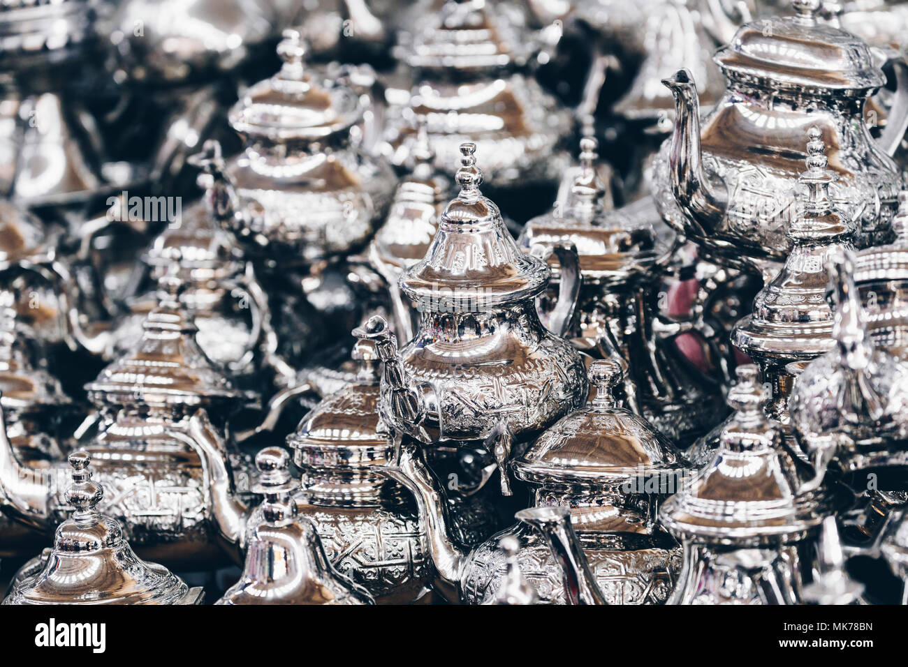 Moroccan teapots on sale, Marrakech Medina, Morocco Stock Photo Alamy