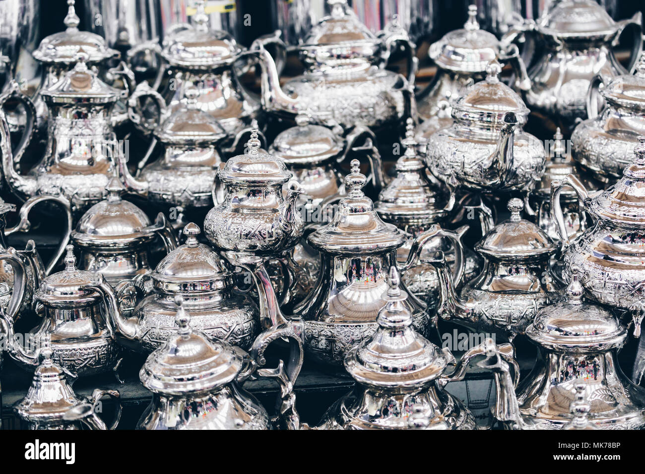 Moroccan teapots on sale, Marrakech Medina, Morocco Stock Photo Alamy
