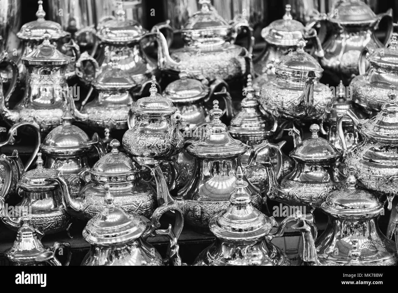 Moroccan teapots on sale, Marrakech Medina, Morocco Stock Photo