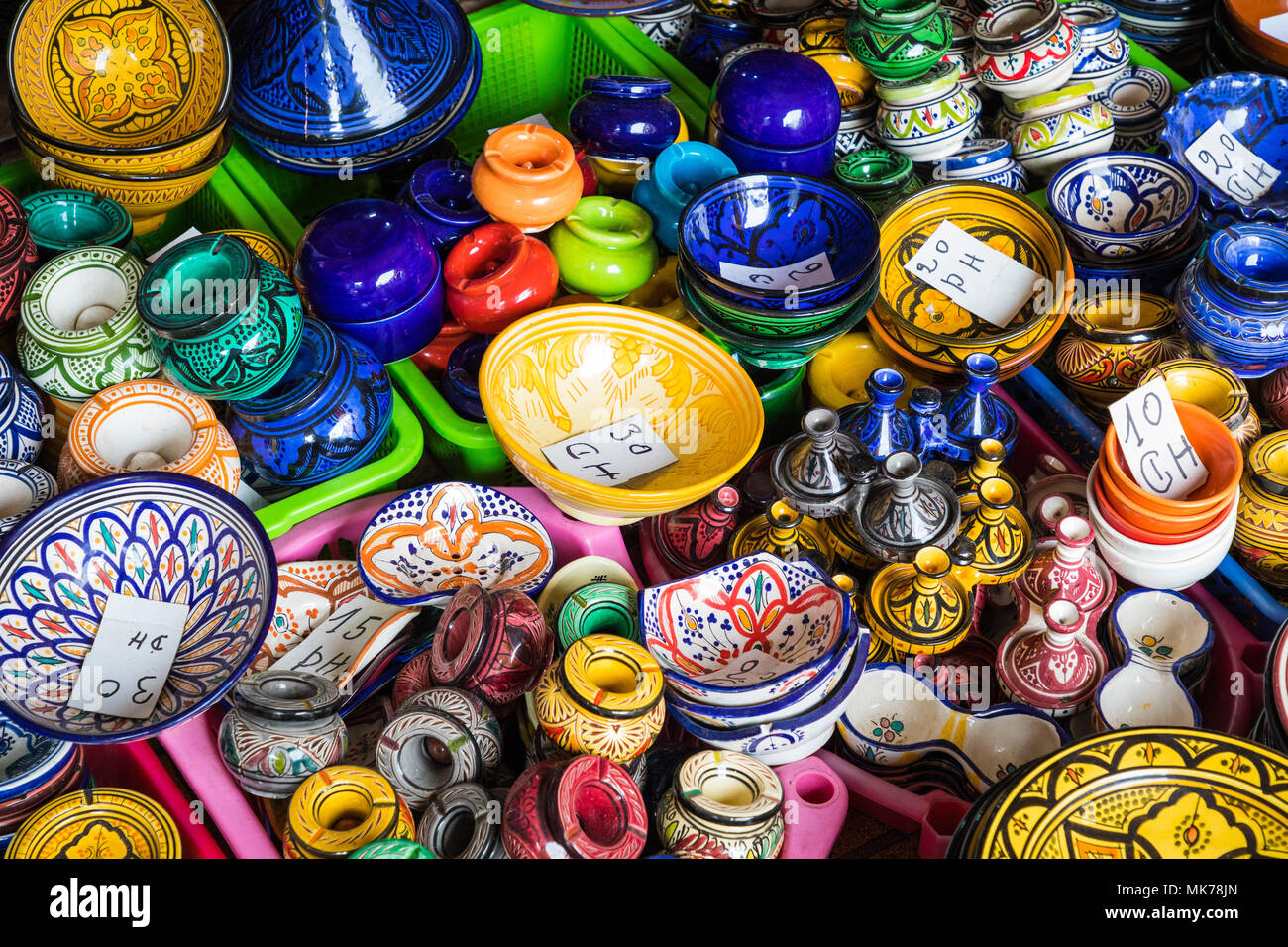 Selection of very colorful Moroccan tajines. Traditional dish, meat and