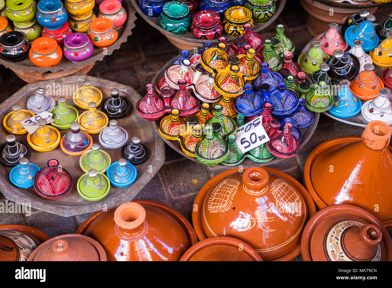 Selection of very colorful Moroccan tajines. Traditional dish, meat and