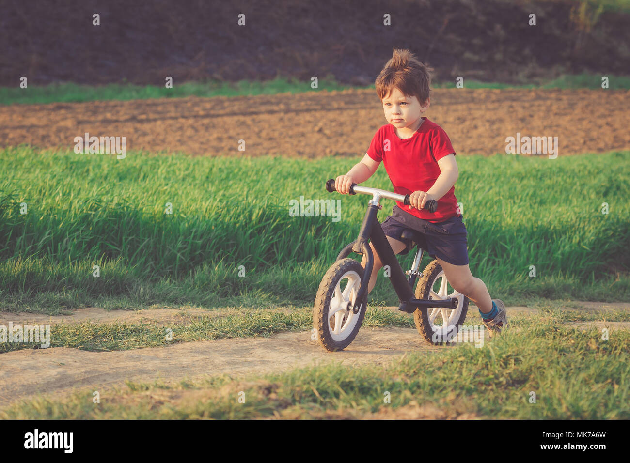 Little boy rides a balance bike in the countryside at sunset. Run