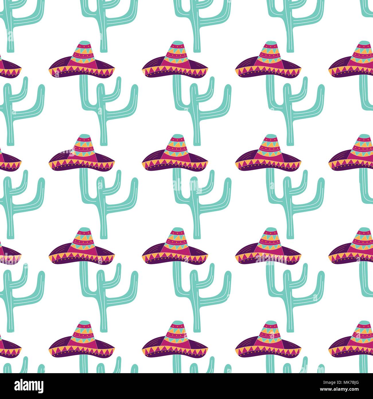 Seamless pattern with hand drawn sombrero, cactus. Can be used for banner or card for Cinco de Mayo celebration. Holiday poster . Vector Mexican fiest Stock Vector