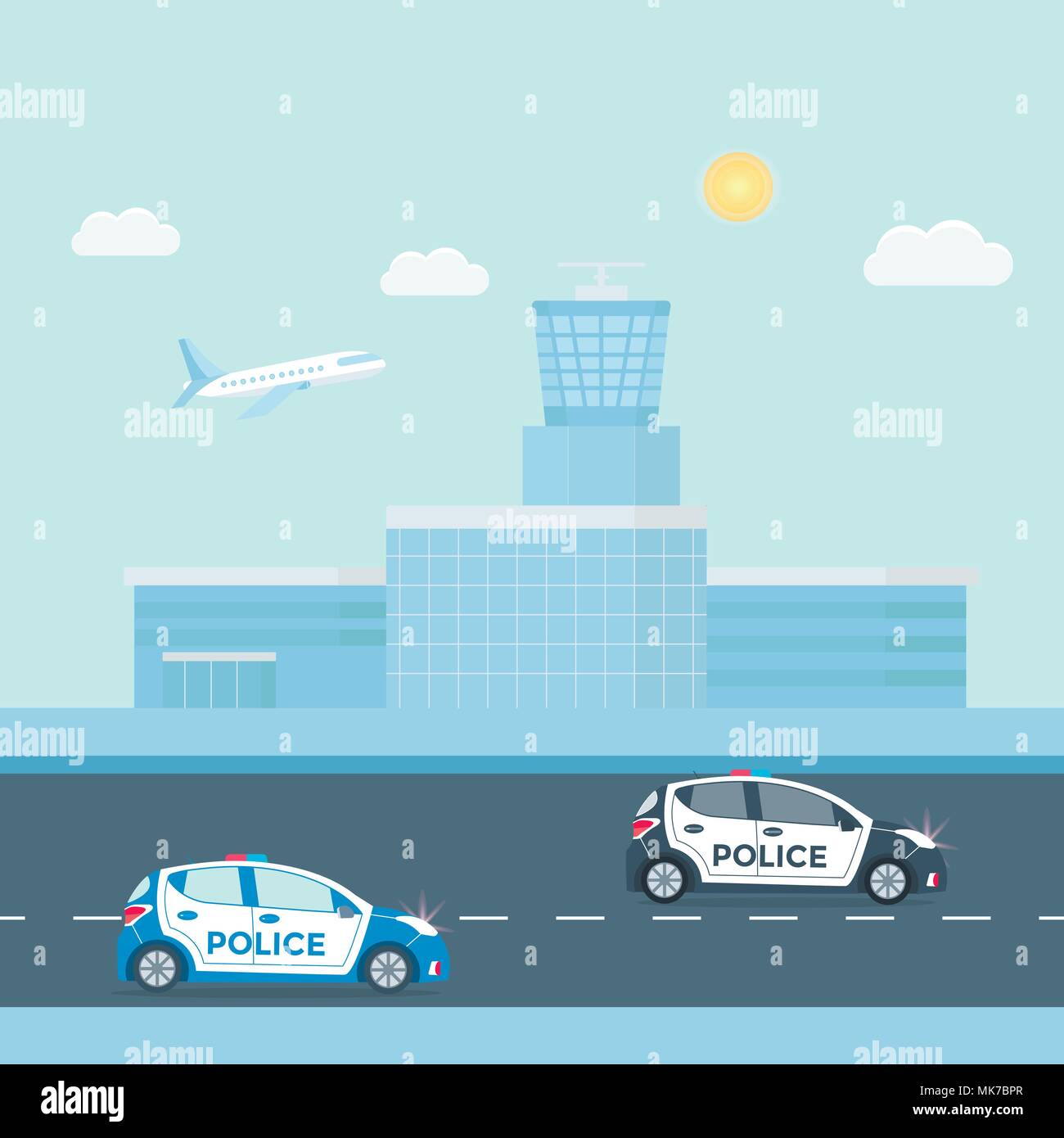 Police patrol on a road with police car, officer, modern building, nature landscape.  vehicle with rooftop flashing lights. Flat vector illustration. Stock Vector