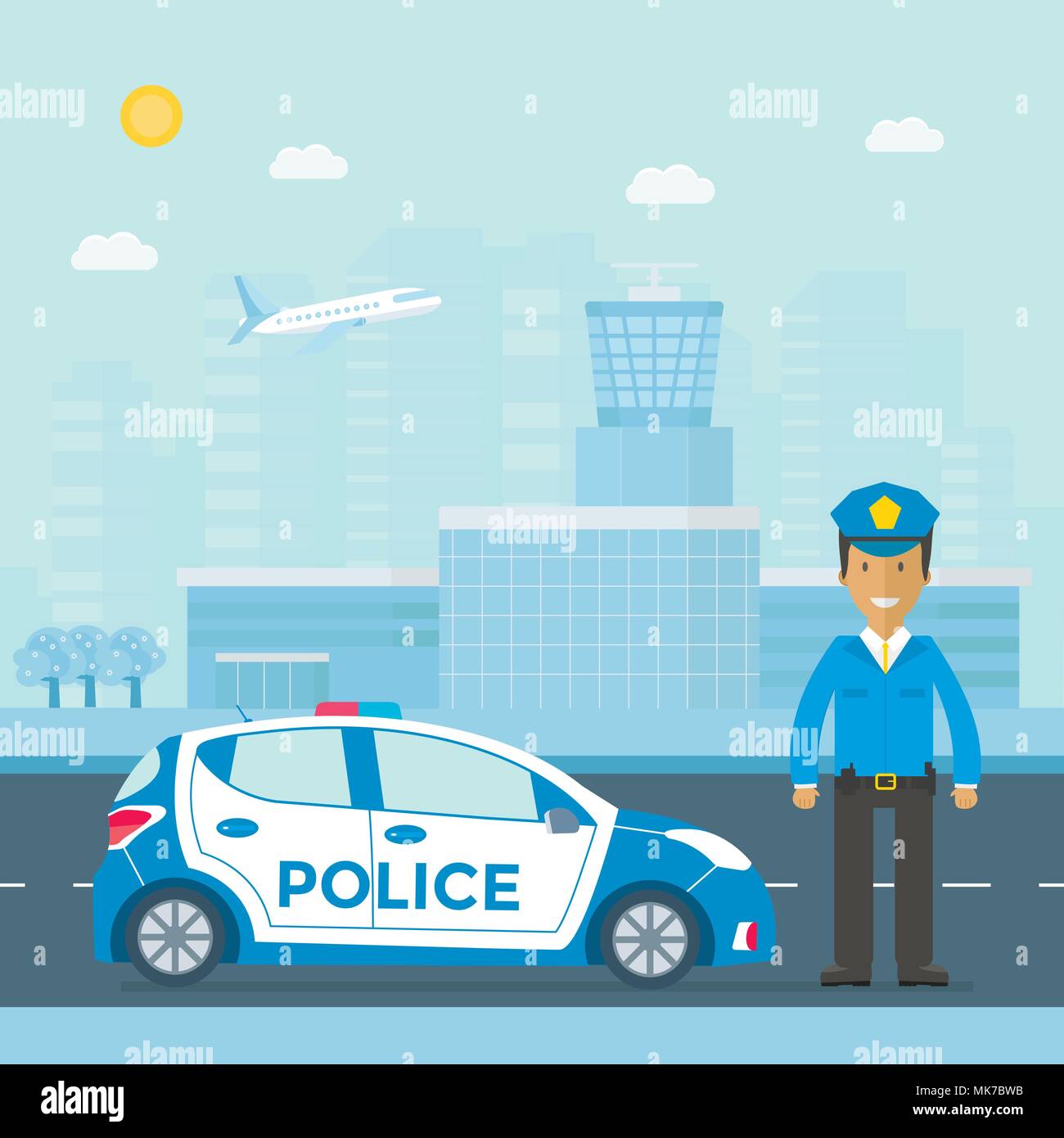 Police patrol on a road with police car, officer, modern building, nature landscape. Policeman in uniform, vehicle with rooftop flashing lights. Flat  Stock Vector