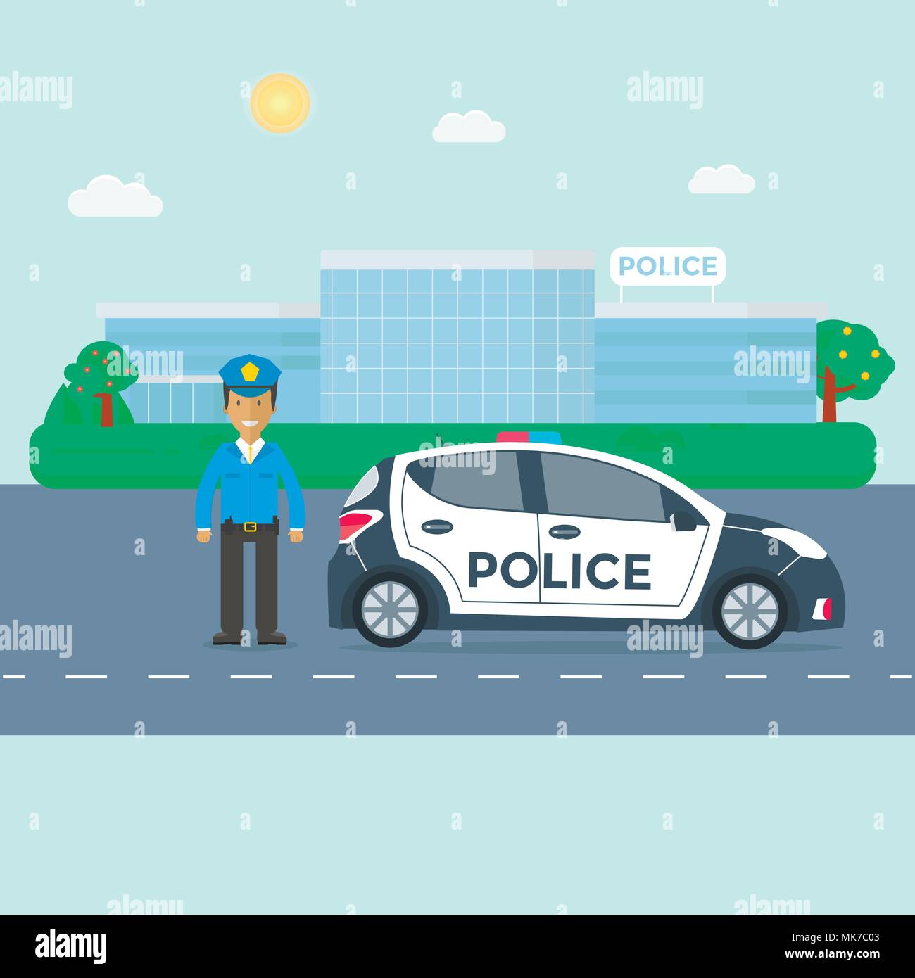 Police patrol on a road with police car, officer, modern building, nature landscape. Policeman in uniform, vehicle with rooftop flashing lights. Flat  Stock Vector