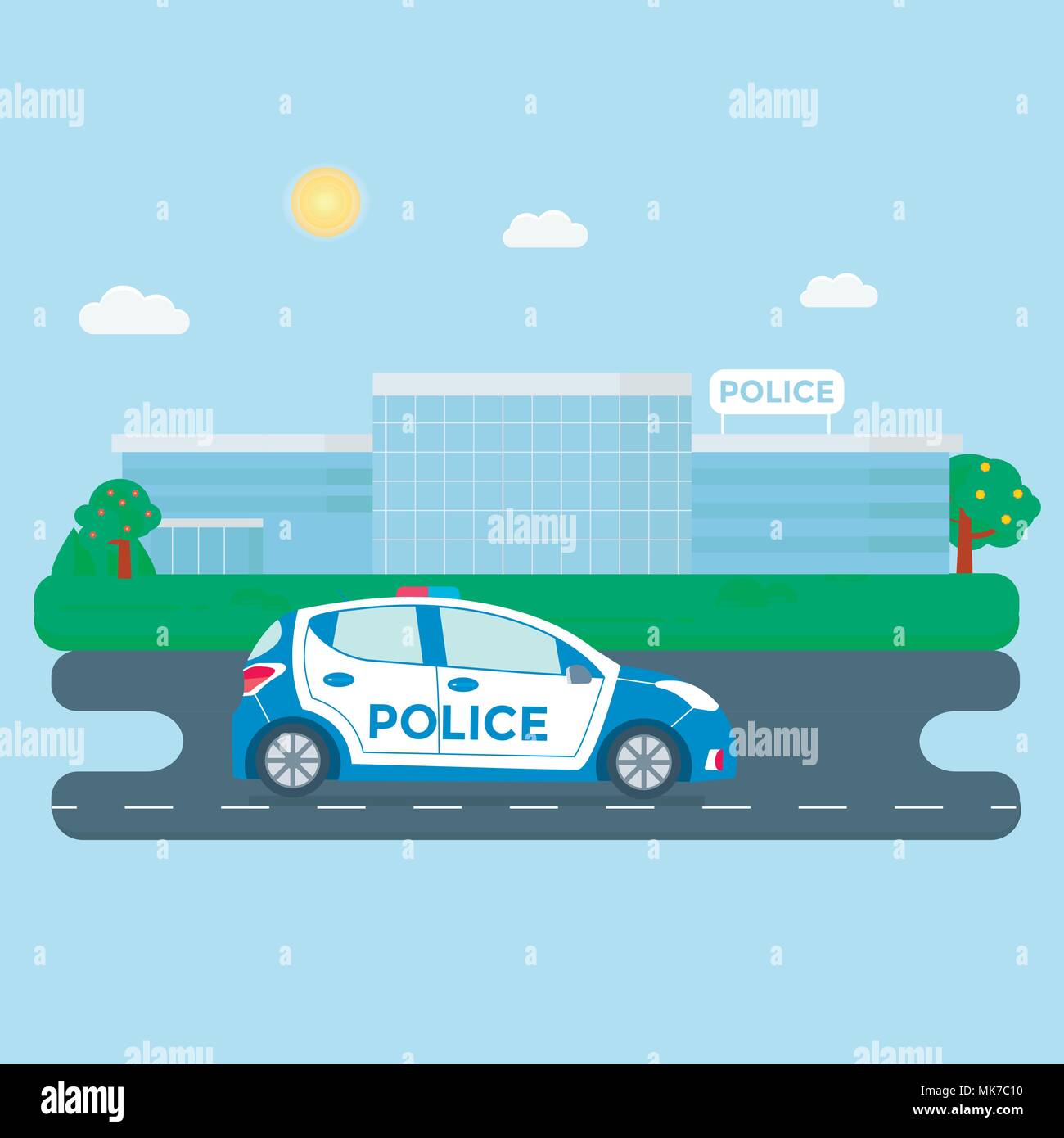 Police patrol on a road with police car, officer, modern building, nature landscape.  vehicle with rooftop flashing lights. Flat vector illustration. Stock Vector