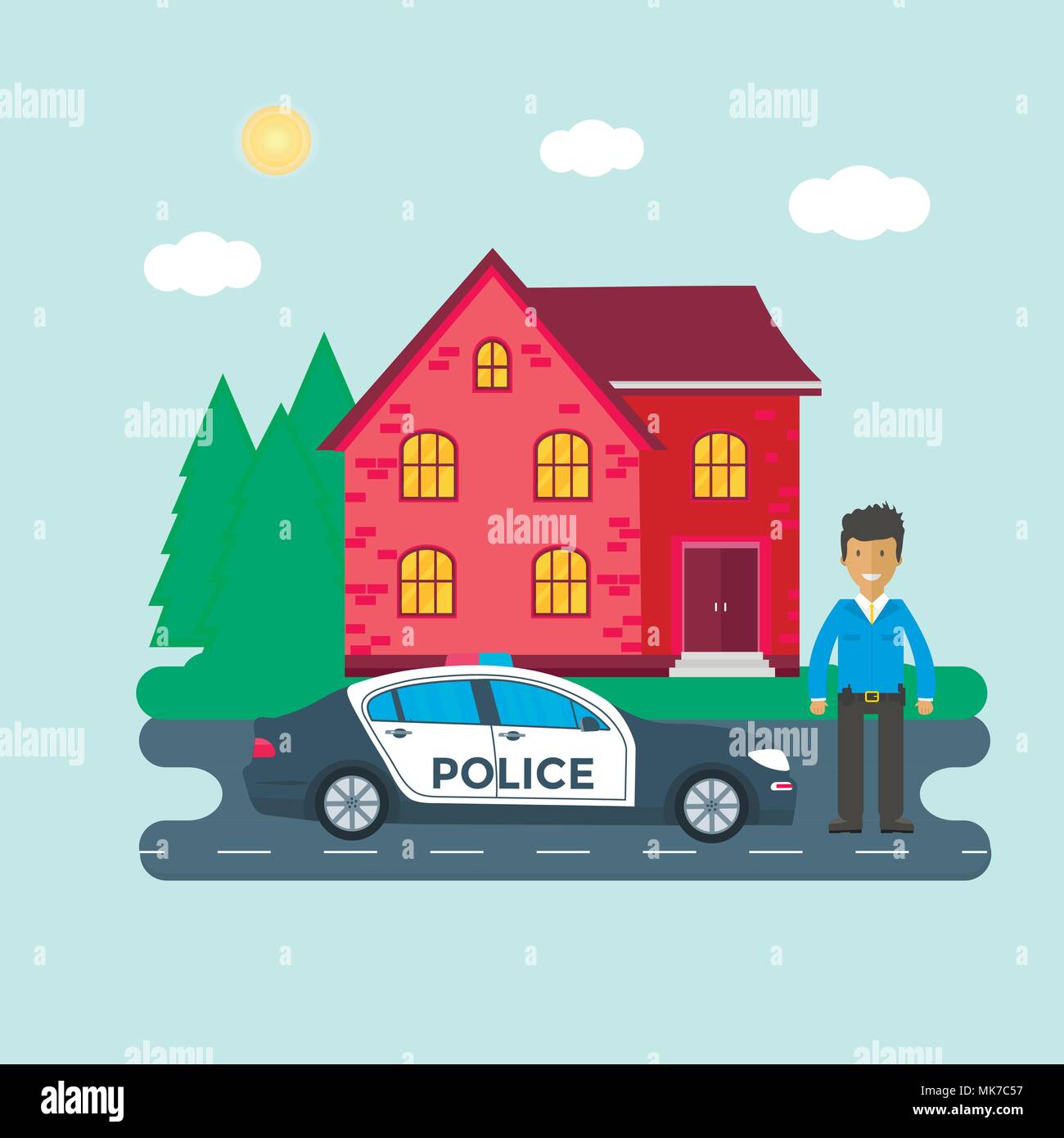 Police patrol on a road with police car, officer, house, nature landscape. Policeman in uniform, vehicle with rooftop flashing lights. Flat vector ill Stock Vector