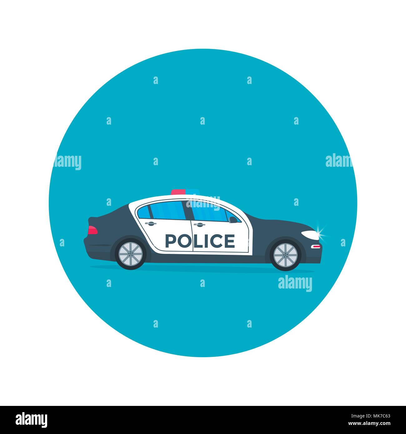 Police patrol on a road with police car. vehicle with rooftop flashing lights. Flat vector illustration. Stock Vector