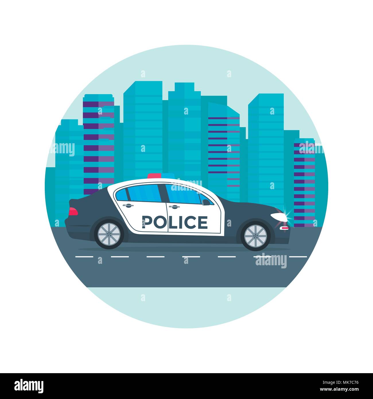 Police patrol on a road with police car. vehicle with rooftop flashing lights. Flat vector illustration. Stock Vector