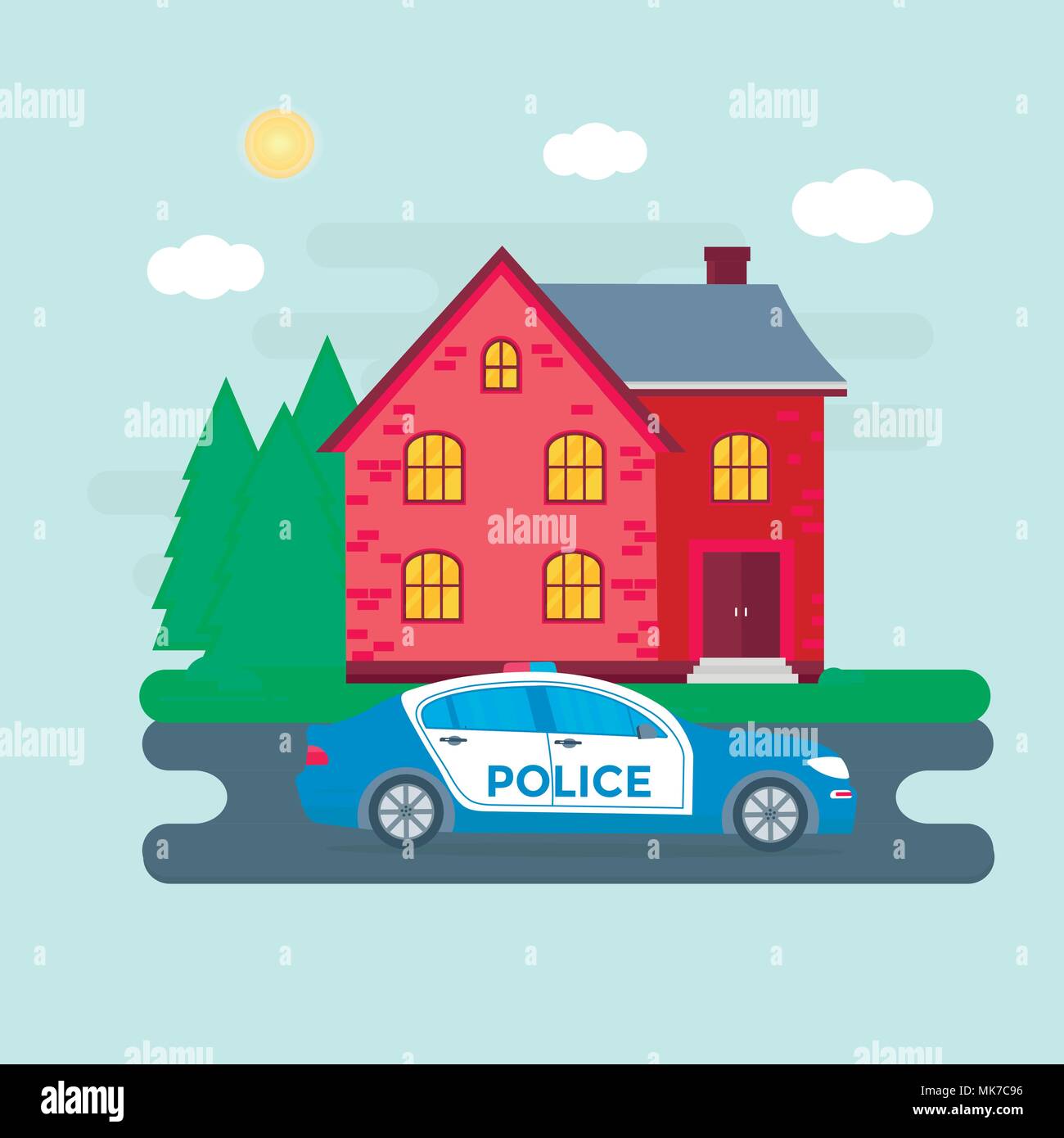 Police patrol on a road with police car, officer, house, nature landscape. Policeman in uniform, vehicle with rooftop flashing lights. Flat vector ill Stock Vector