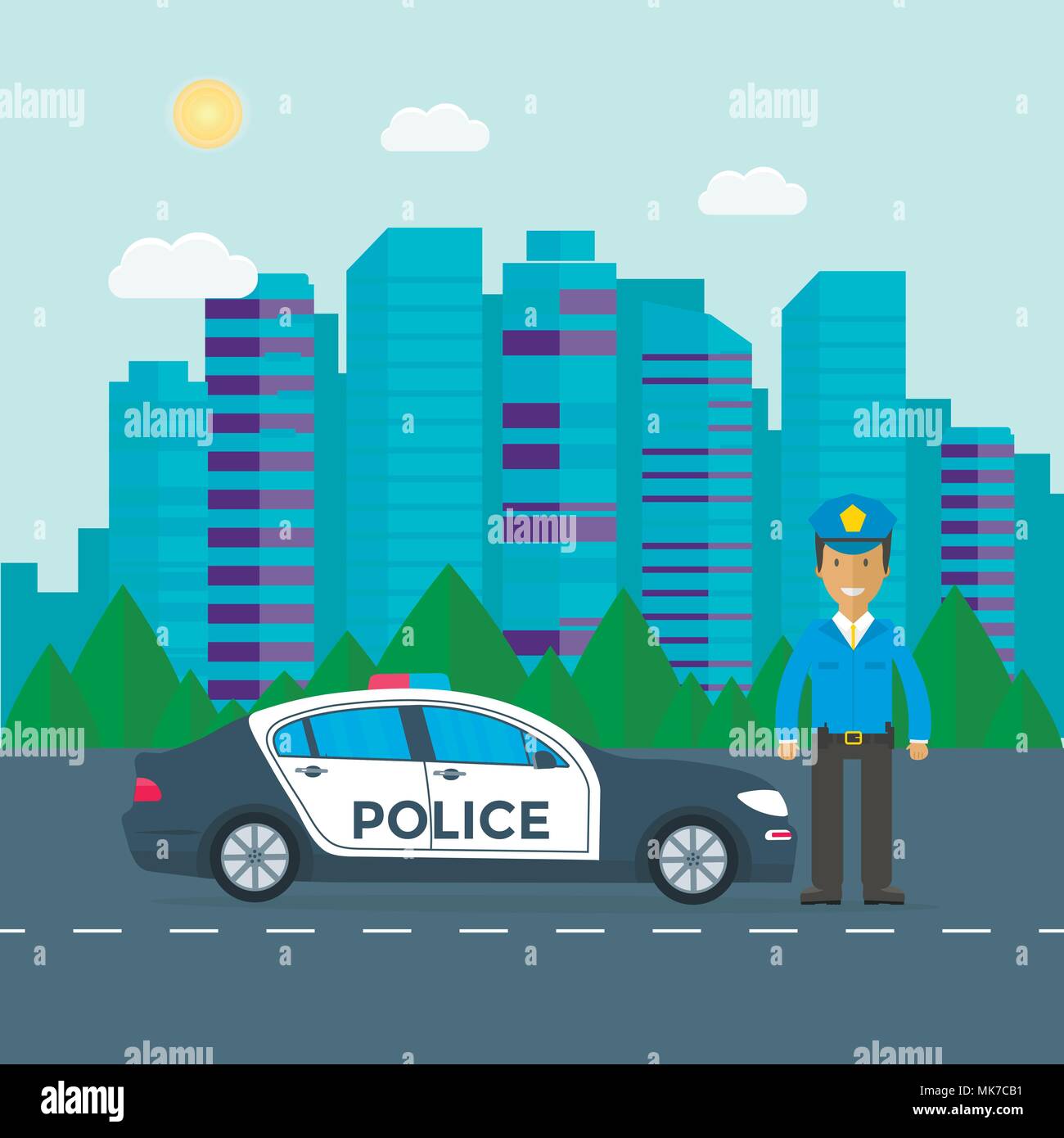 Police patrol on a road with police car, officer, house, nature landscape. Policeman in uniform, vehicle with rooftop flashing lights. Flat vector ill Stock Vector