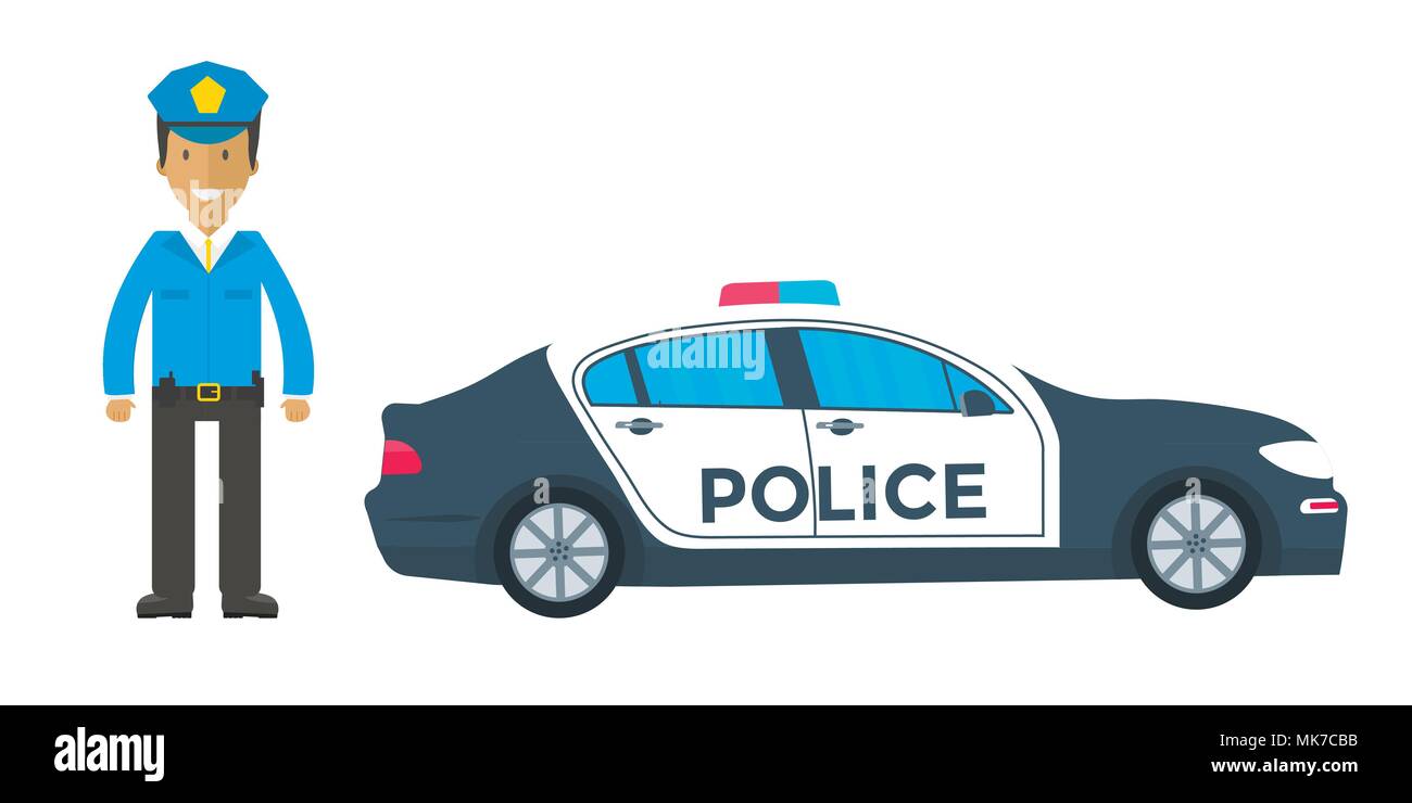 Police patrol on a road with police car, officer. Policeman in uniform,  vehicle with rooftop flashing lights. Flat vector illustration. Stock Vector