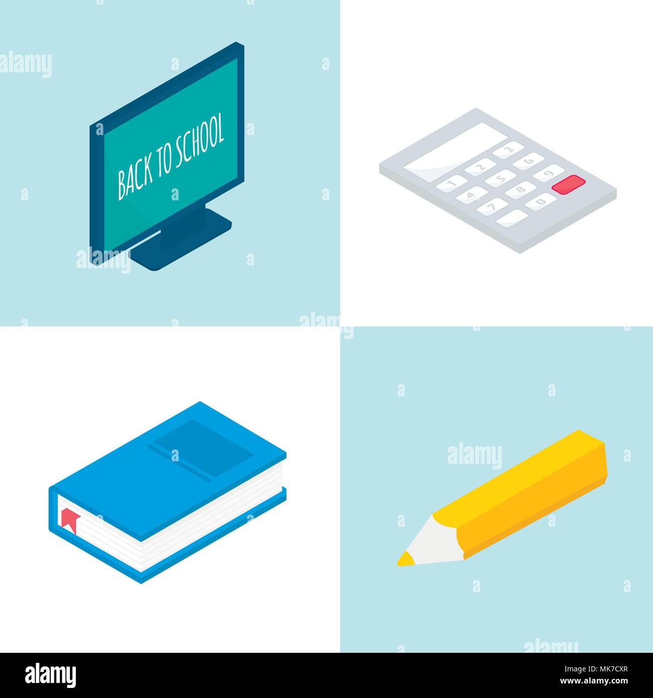 Isometric 3d school supplies set with compuler, calculator, book, notebook, pen.  Vector Back to school background with stationery. Office accessories Stock Vector