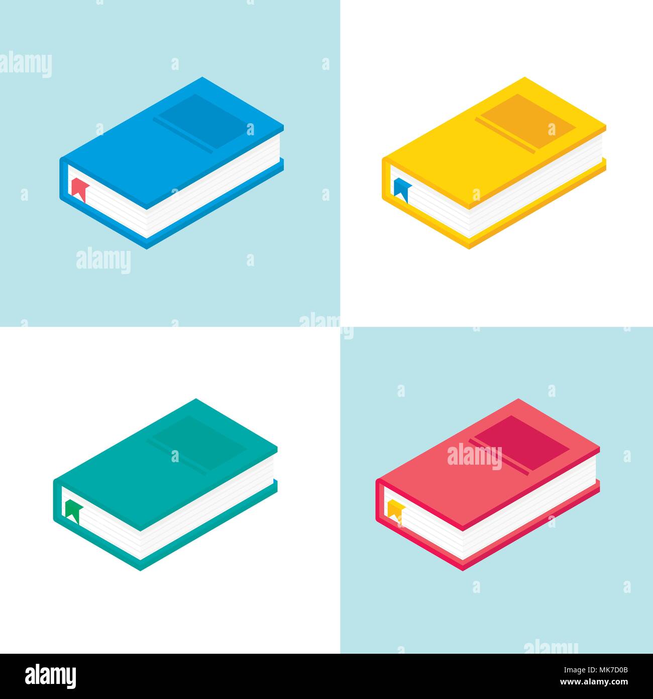 Isometric 3d school supplies set with different icons of colored book. Vector Back to school background with stationery. Office accessories. Stock Vector