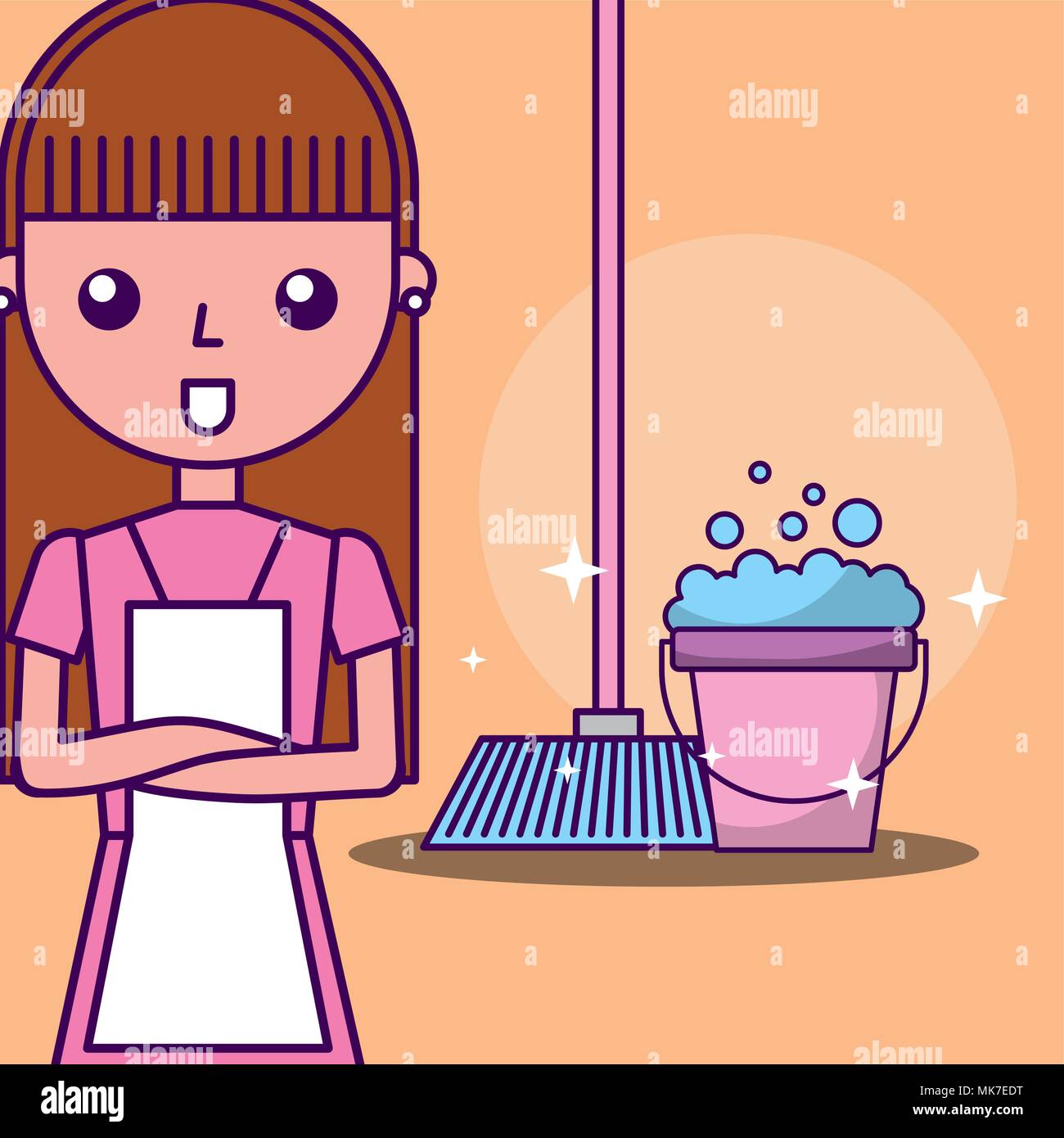 laundry cleaner girl cartoon bucket soap foam broom vector illustration
