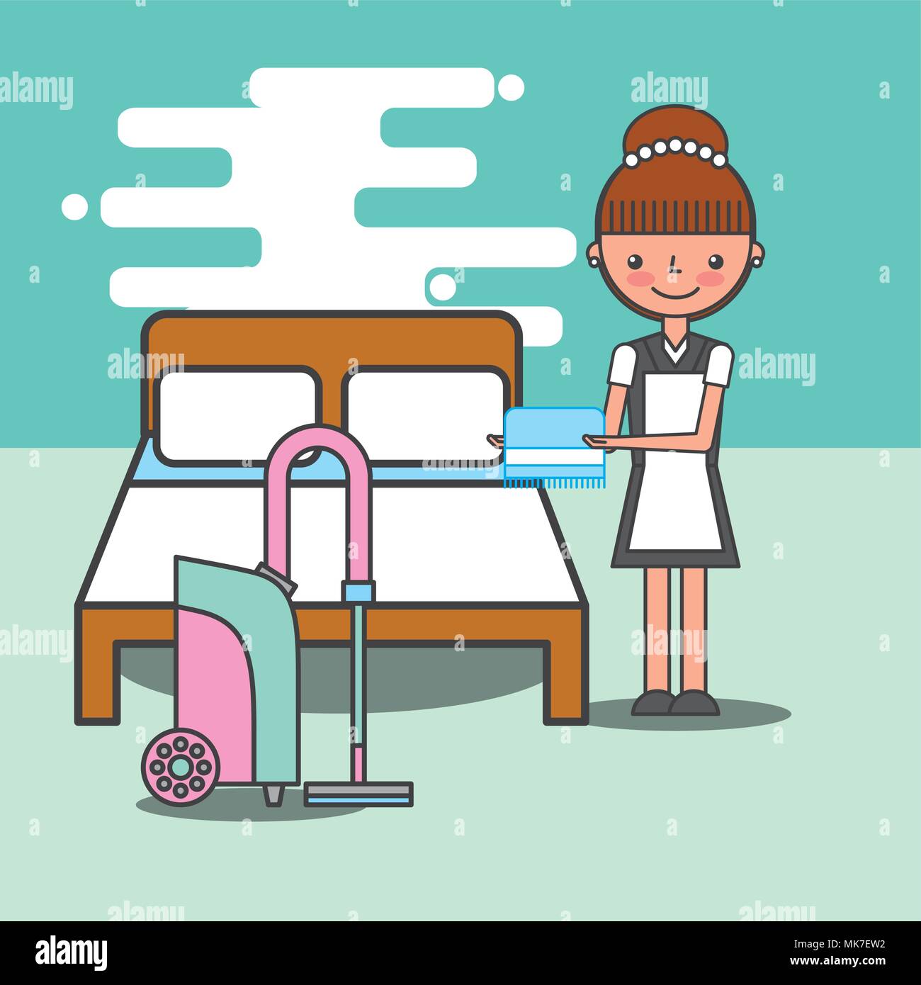 female maid holding clean towel vaccum machine in room hotel vector ...