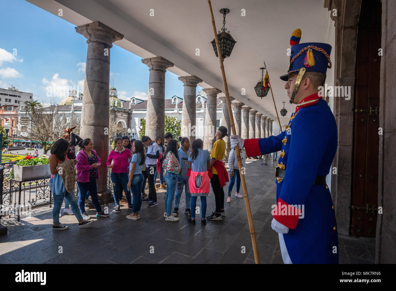 Presidential guard at the Carondelet Palace in the historic old city of Quito, Ecuador. Stock Photo