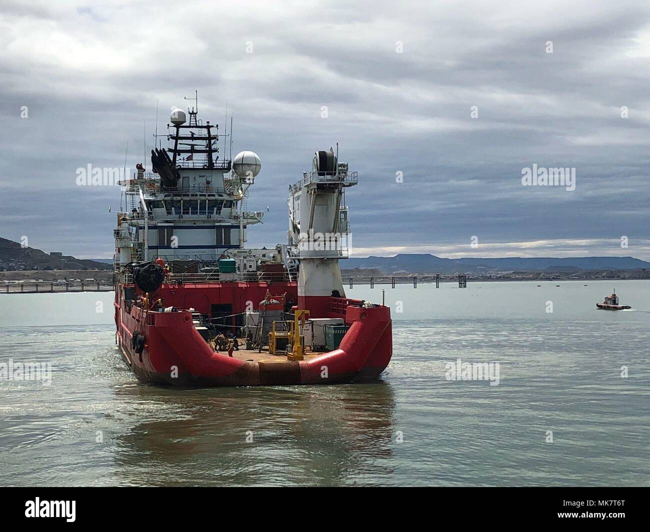 171121-N-TY130-016 COMODORO RIVADAVIA, Argentina (Nov. 20, 2017) The Norwegian construction support vessel Skandi Patagonia gets underway Argentine officials and Undersea Rescue Command (URC) Sailors equipment heading for the search area