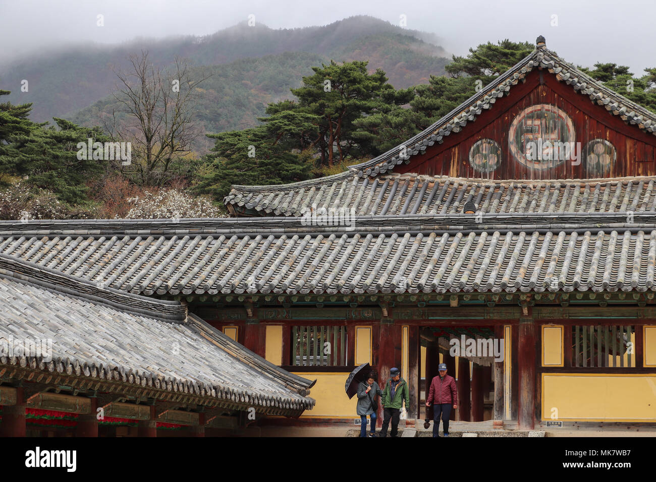 The shape of a building's roof constructed in the Silla architectural style at the Bulguksa Temple in South Korea echoes the mountain peak behind it. Stock Photo