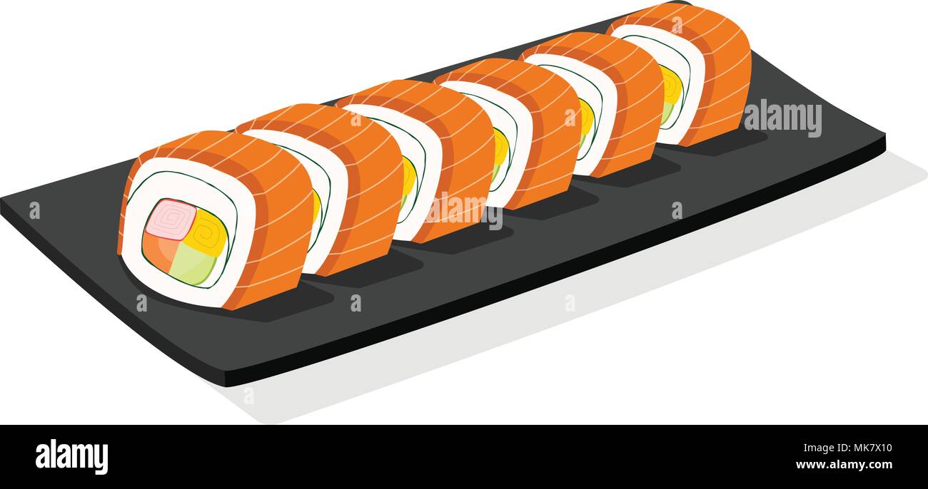 Sliced Salmon sushi roll on black plate, isolated on white Stock Vector