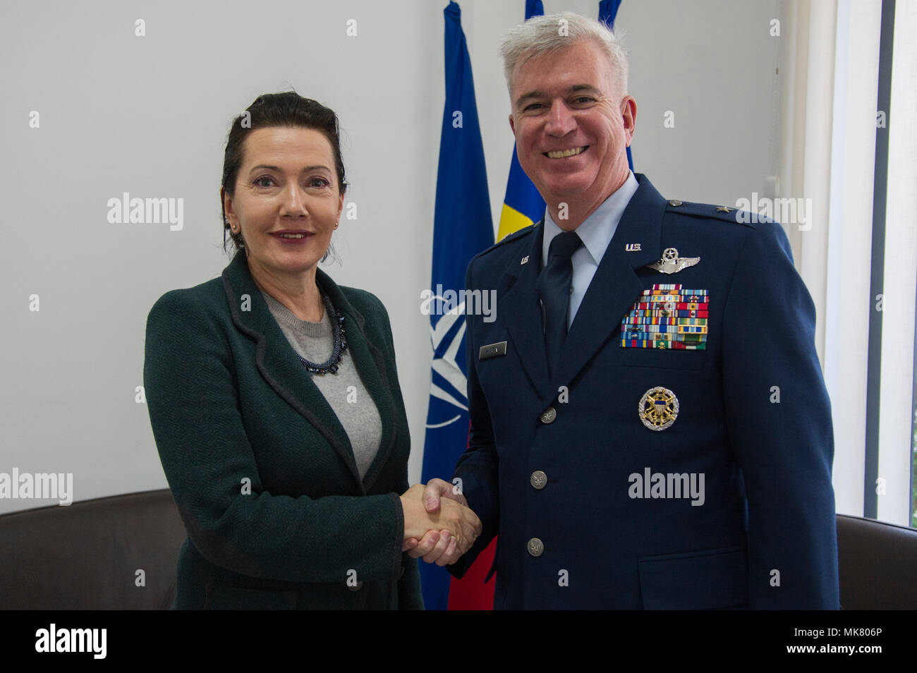 U.S. Air Force Brig. Gen. Robert Huston, NATO Headquarters Sarajevo commander, met with Mrs Dana-Manuela Constantinescu, Ambassador of Romania to Bosnia and Herzegovina Nov. 24, 2017 2017 at the Romanian Embassy in Sarajevo, BiH. Huston expressed appreciation for the assistance Romania provides to the country and NATO’s commitment to protecting and supporting all citizens of BiH. (U.S. Air Force photo by Staff Sgt. Amber Sorsek) Stock Photo