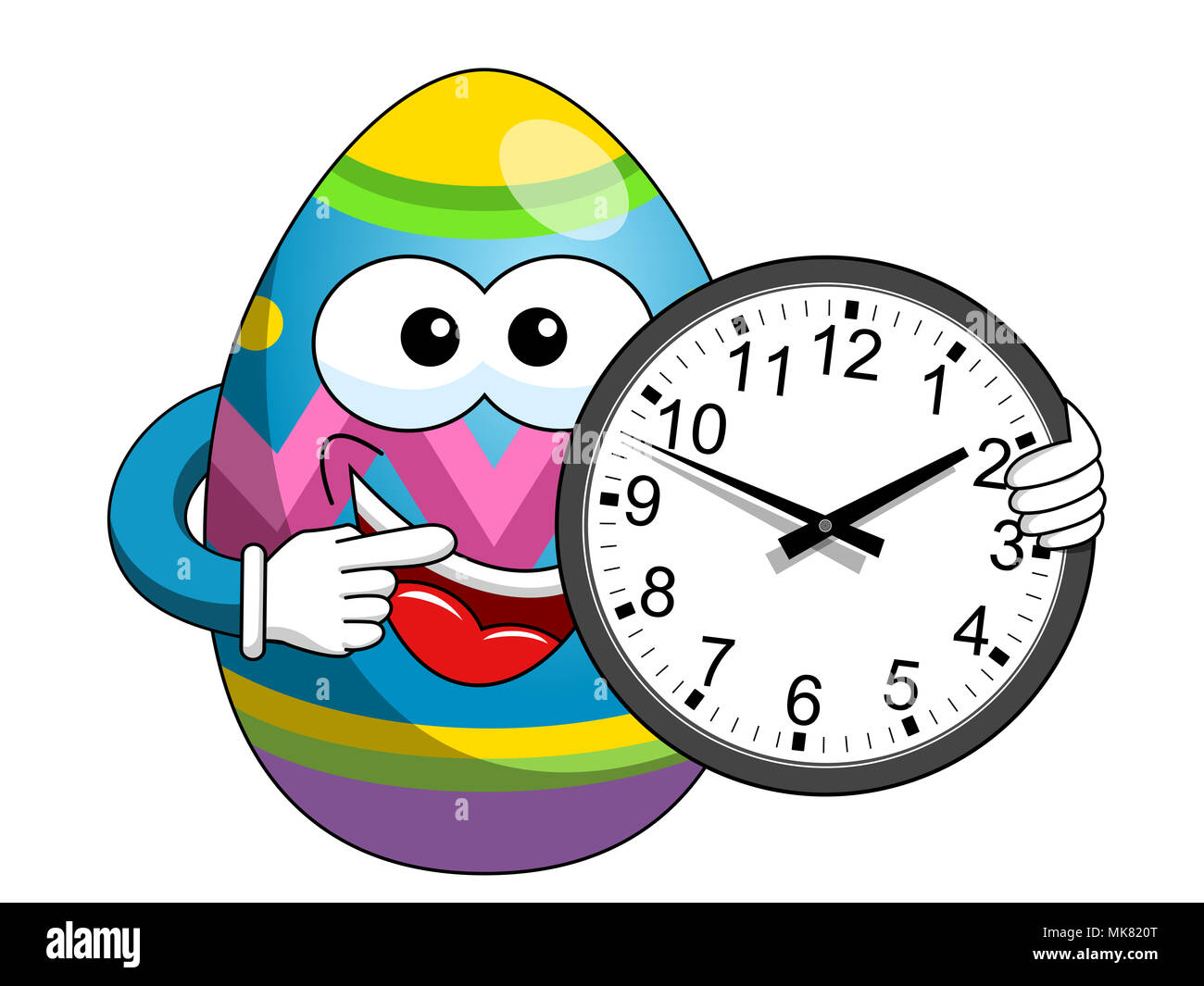 Decorated mascot easter egg indicating wall clock isolated on white