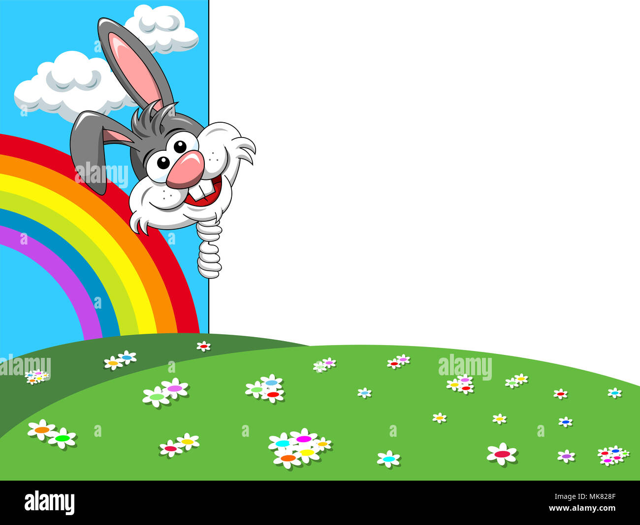 cartoon character or mascot rabbit peeking behind blank poster on spring  nature outdoor background Stock Photo - Alamy
