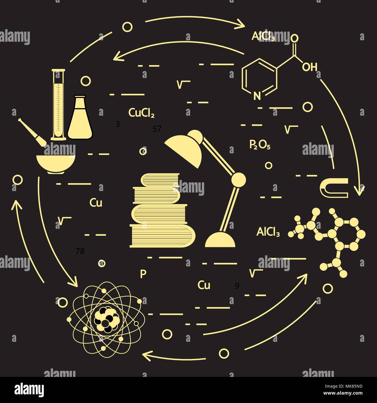 Scientific, education elements. Table lamp, books, flask, beaker ...