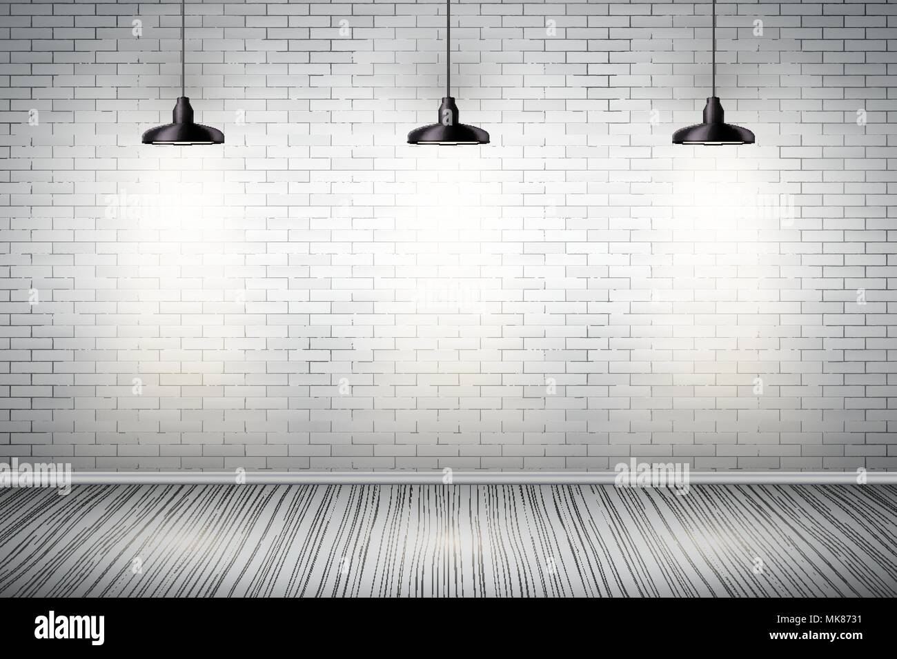 Interior of White brick wall with vintage pedant lamps and wooden floor. Vintage Rural room and fashion interior. Grunge Industrial Texture. Backgroun Stock Vector