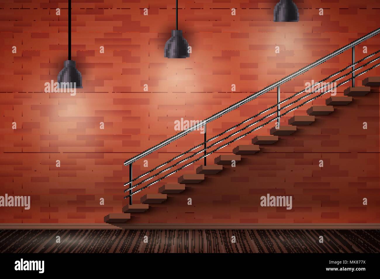 Loft Interior of red brick wall and staircase and wooden floor with vintage pedant lamps. Grunge Industrial Interior. Vector Illustration. Stock Vector