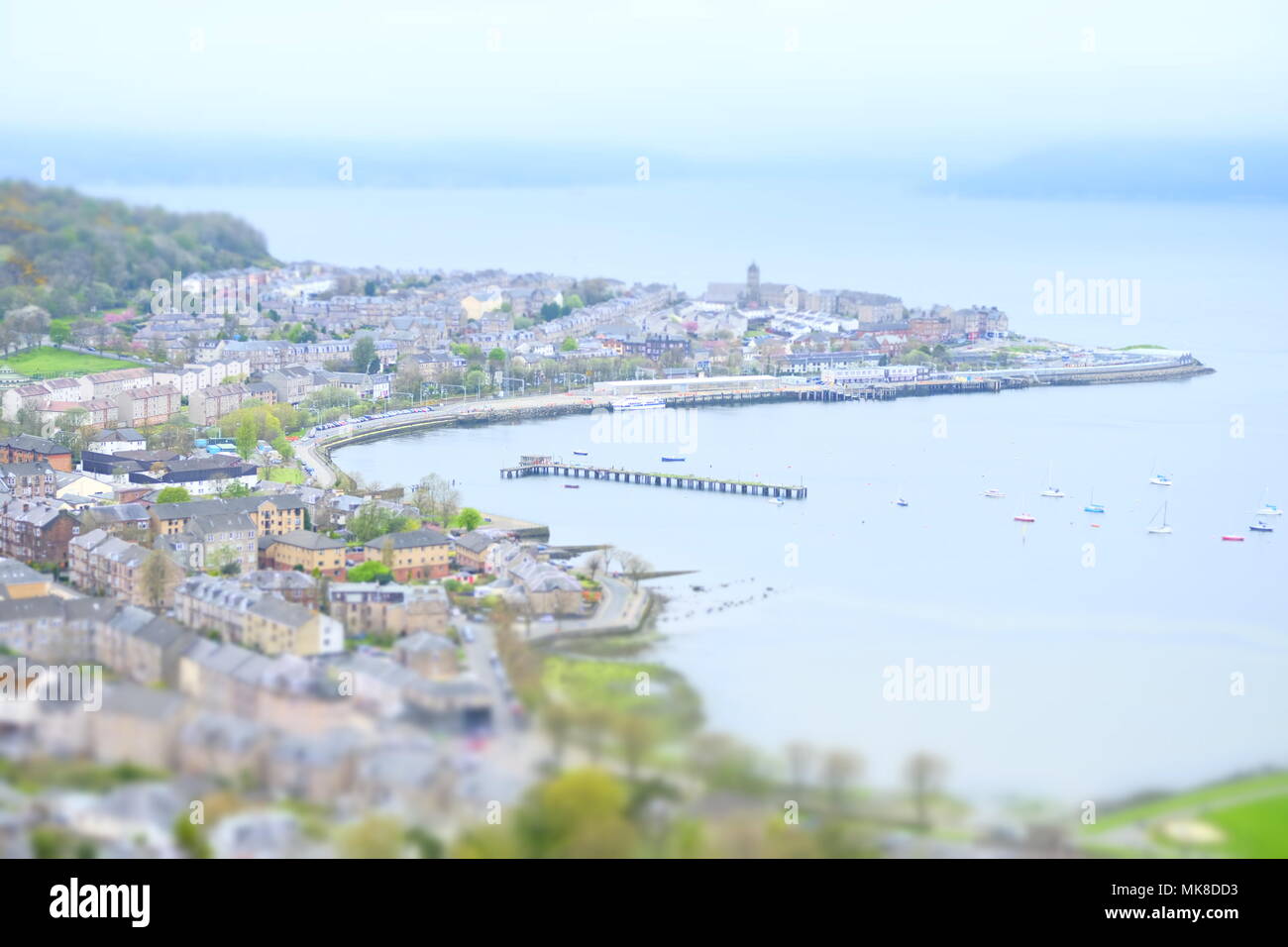 Seaside town city miniature view aerial high above greenock lyle hill gourock inverclyde dock Scotland Stock Photo