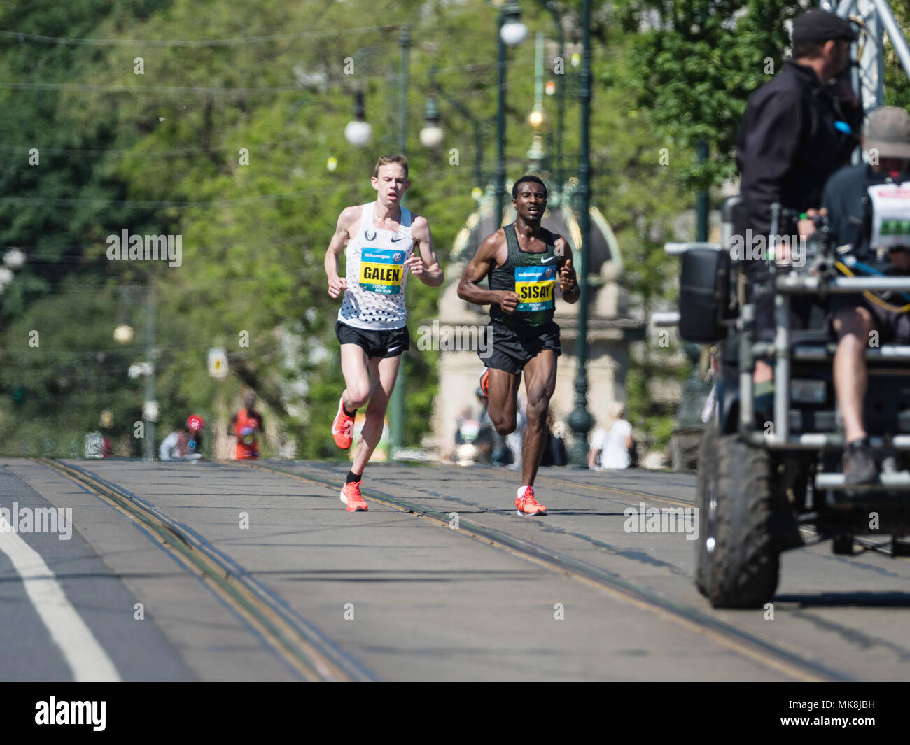 Prague, Czech Republic - May 6, 2018: Galen Rupp runs with Sissay Lema on the Marathon track in Prague. Volkswagen Prague Marathon 2018 in Prague, Cze Stock Photo