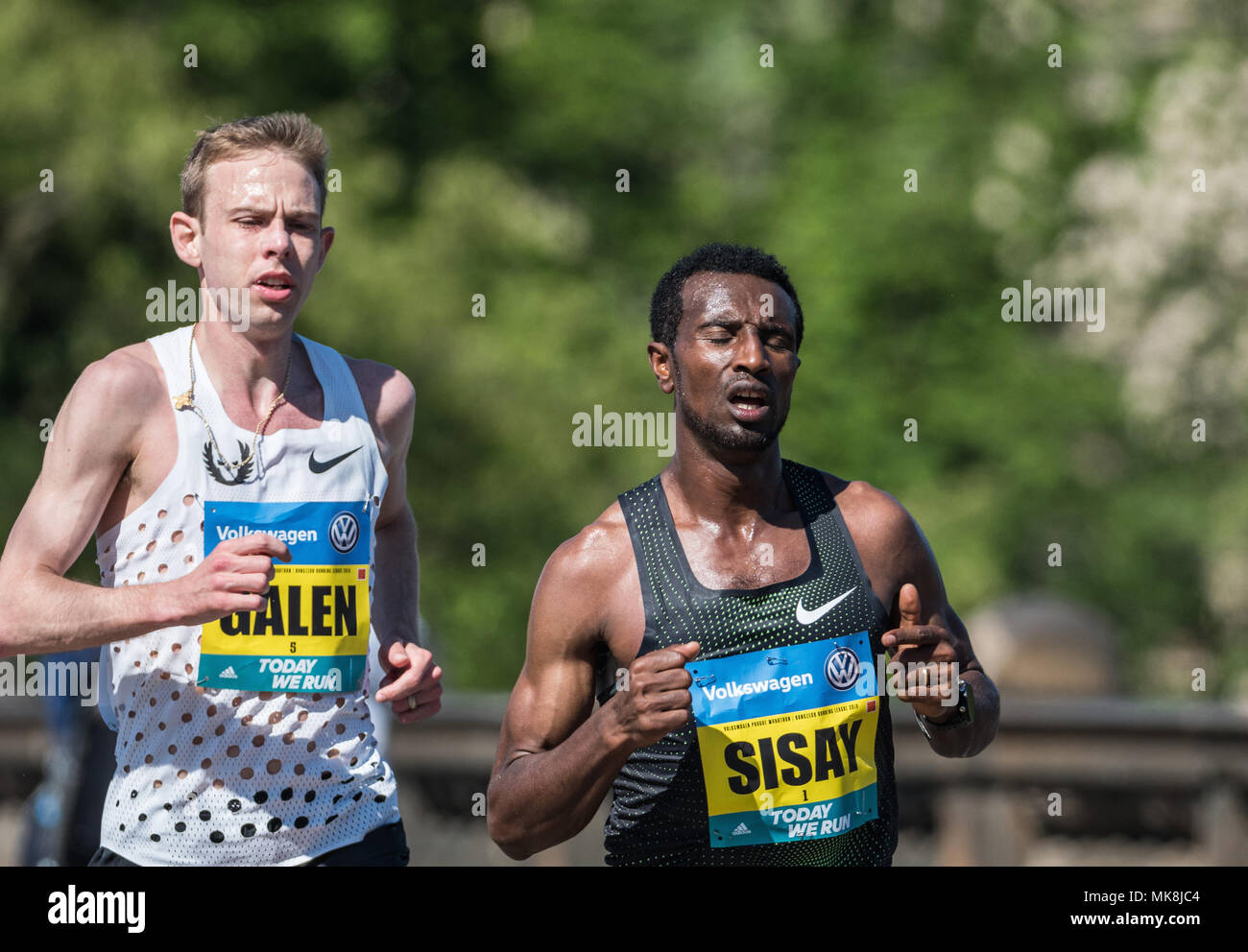 Prague, Czech Republic - May 6, 2018: Galen Rupp runs with Sissay Lema on the Marathon track in Prague. Volkswagen Prague Marathon 2018 in Prague, Cze Stock Photo