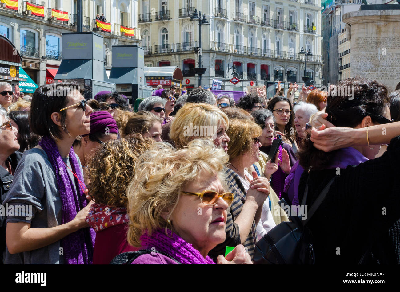 A view in the women rights mass meeting, Puerta del Sol, Madrid city, Spain Stock Photo