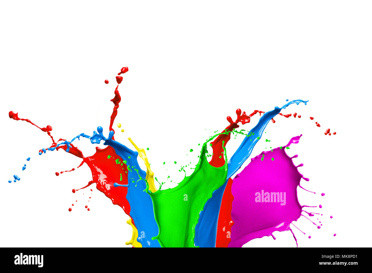 Colorful paint splash isolated on white background. Abstract colored splashing. Multicolor paint splatter. Stock Photo