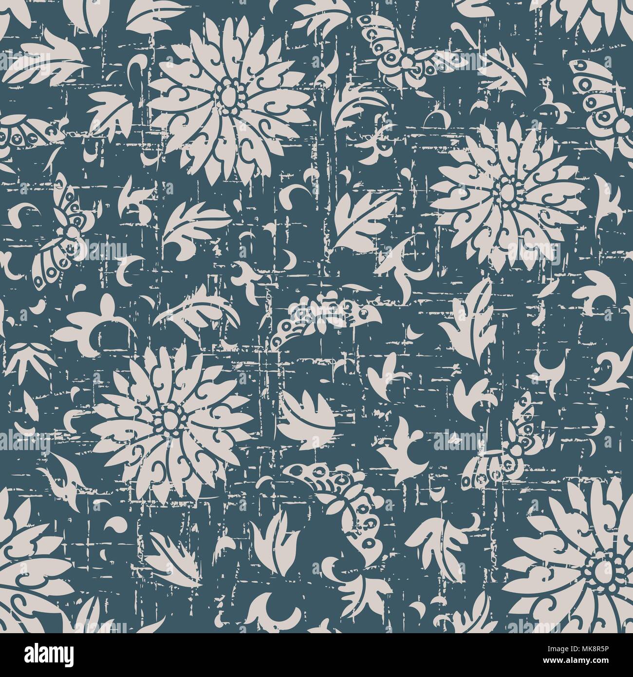Worn out antique seamless background spiral round flower butterfly leaf ...