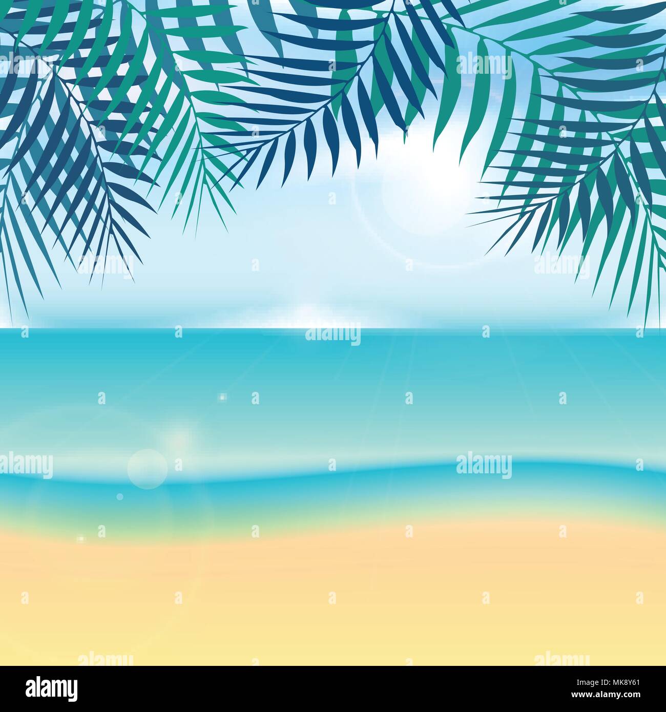 Nature summer vacation tropical background with green palm leaf or ...