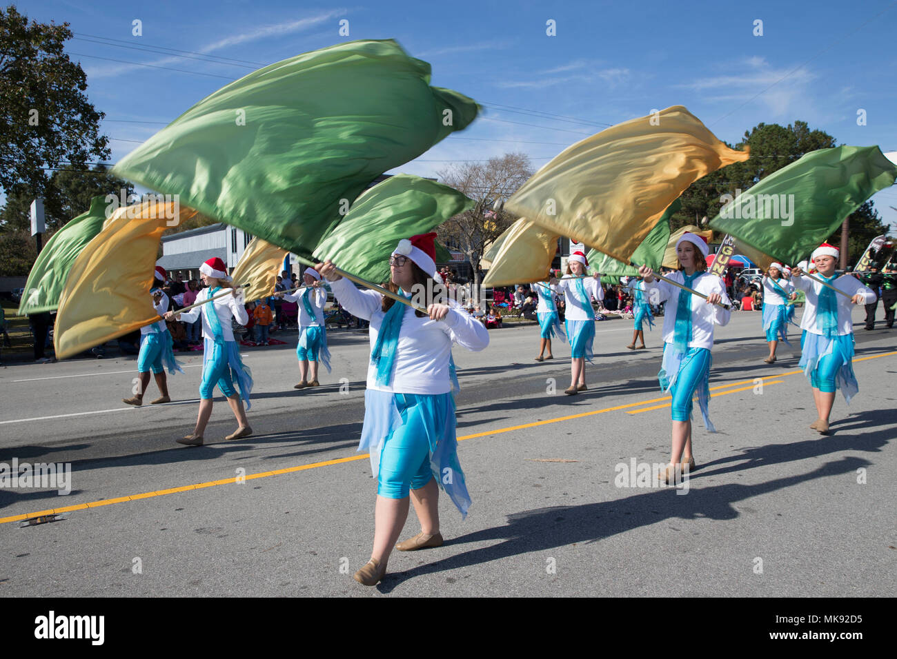 Students with the White Oak High School color guard perform their