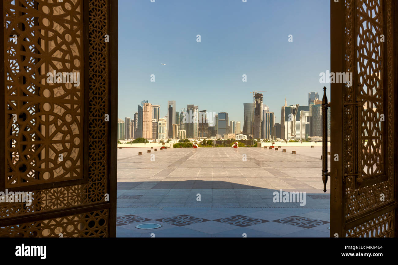 The West Bay City skyline as viewed from The Grand Mosque in Doha, Qatar. The West Bay is considered as one of the most prominent districts of Doha Stock Photo