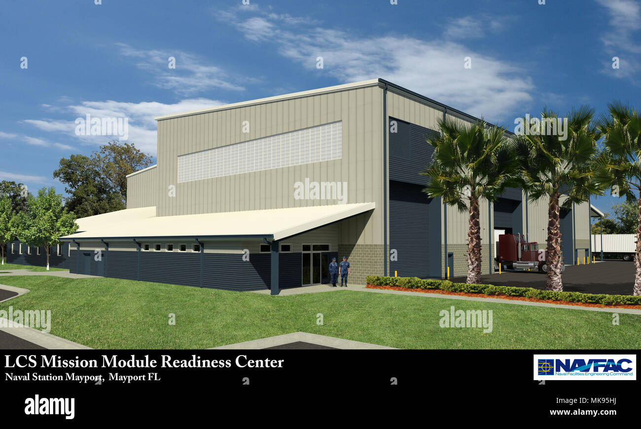 Pictured is an artist rendering of the Littoral Combat Ship Mission Module Readiness Center currently under construction in Mayport, Fla. Stock Photo
