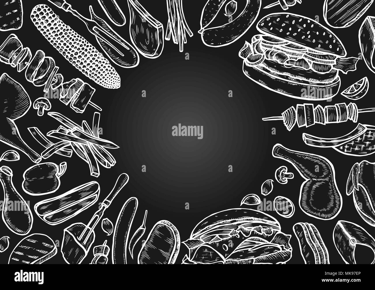 Hand drawn Grilled vegetables top view frame, vegetarian cuisine. Grill