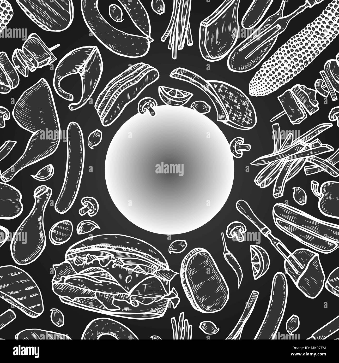 Hand drawn Grilled vegetables top view frame, vegetarian cuisine. Grill