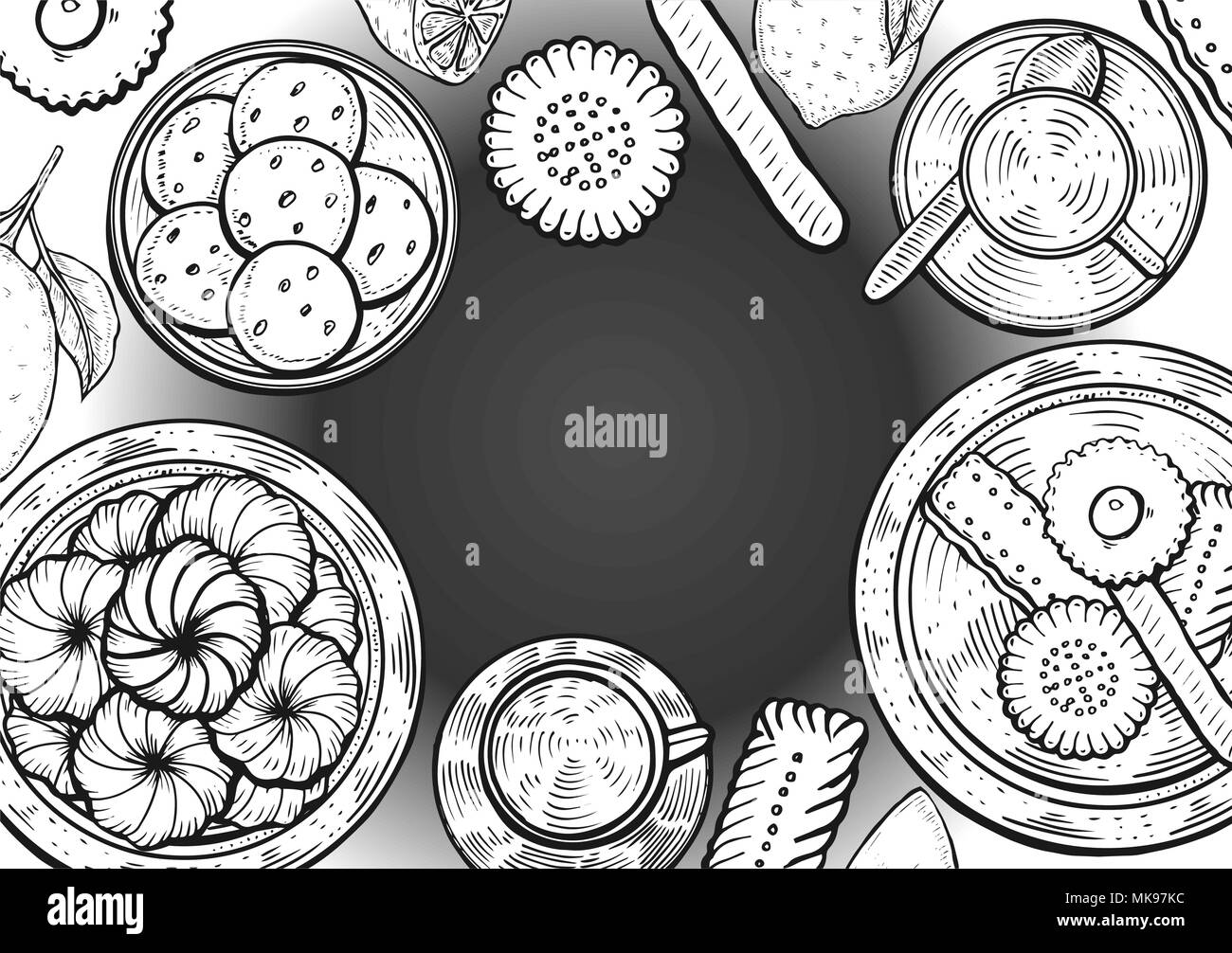 Hand drawn Food menu background. Middle eastern food. Oriental sweets vector illustration. Linear graphic. Monochrom vector illustration. Stock Vector
