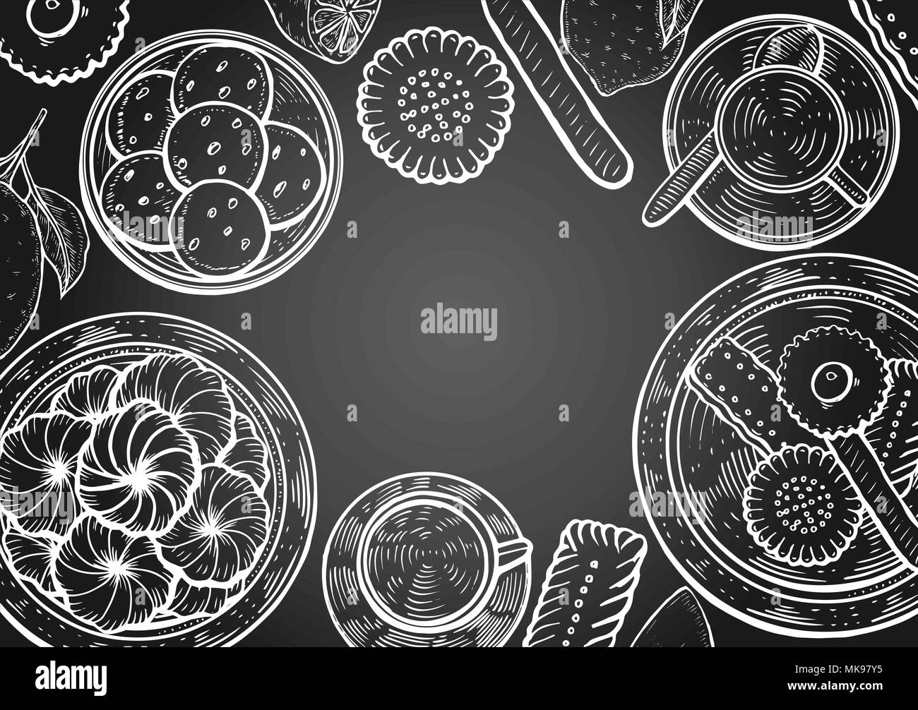 Hand drawn Food menu background. Middle eastern food. Oriental sweets vector illustration. Linear graphic. Monochrom vector illustration. Stock Vector