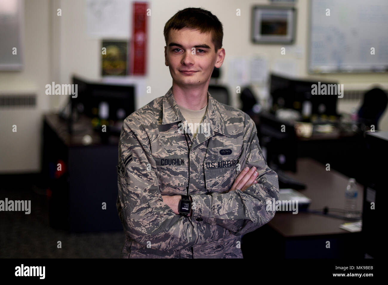 Airman 1st Class Daniel Coughlin, 92nd Communications Squadron knowledge management journeyman, poses for a photo Nov. 6, 2017, at Fairchild Air Force Base, Washington. Coughlin developed an innovative procedure to better disseminate an organizational climate survey, ultimately saving hundreds of man-hours through utilizing the base SharePoint tool kit. (U.S. Air Force photo/Senior Airman Nick Daniello) Stock Photo