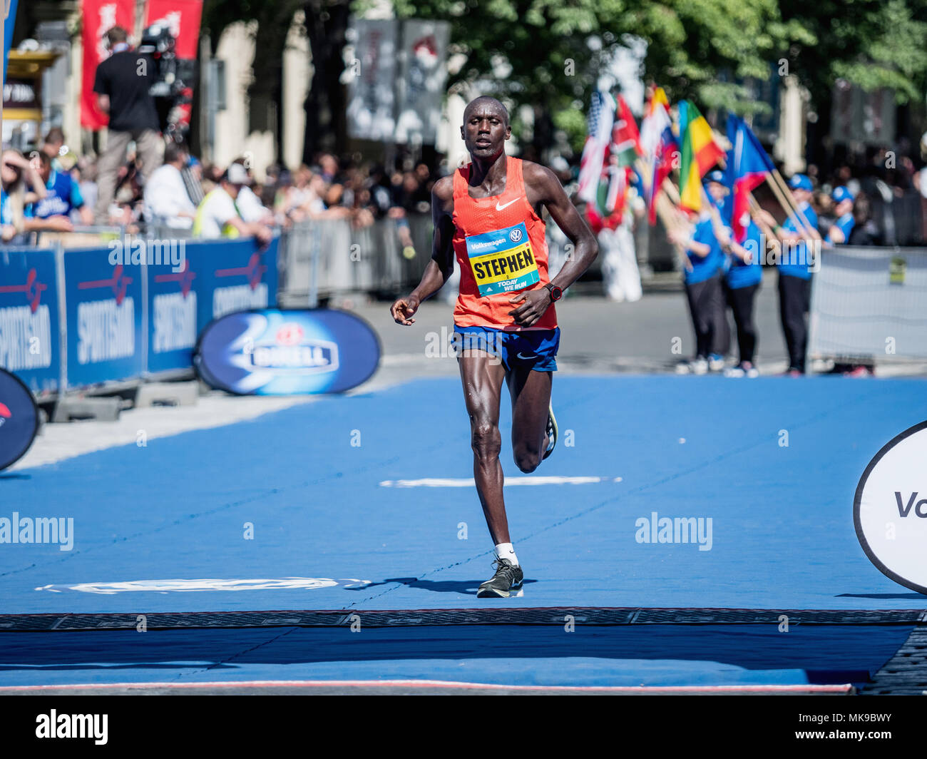 Prague, Czech Republic - May 6, 2018: Stephen Kiprotich runs with Sissay Lema on the Marathon track in Prague Volkswagen Prague Marathon 2018 in Pragu Stock Photo