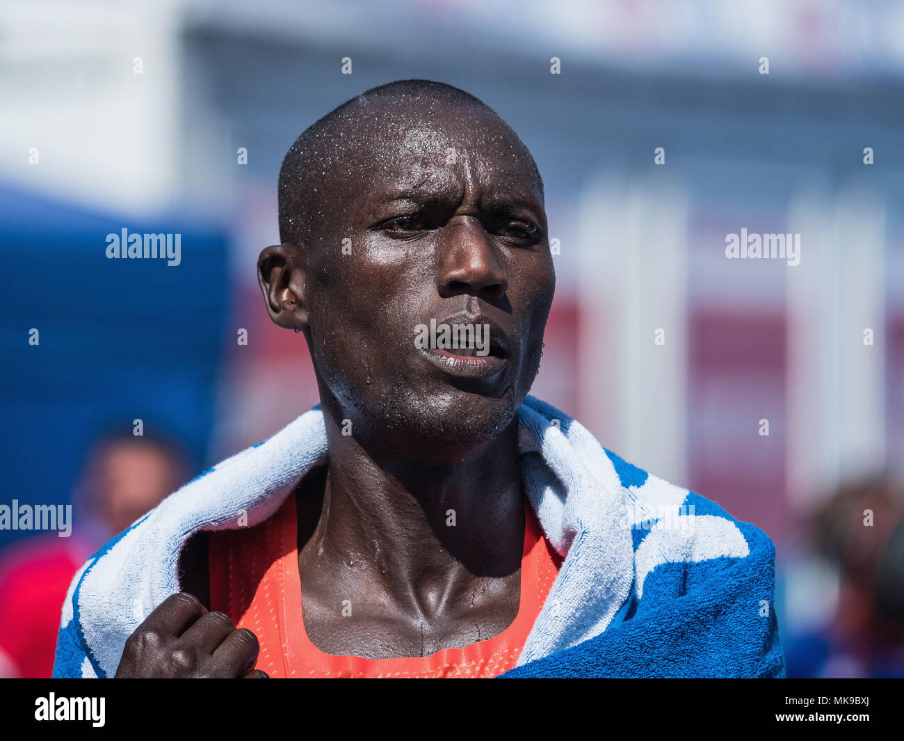 Prague, Czech Republic - May 6, 2018: Stephen Kiprotich runs with Sissay Lema on the Marathon track in Prague Volkswagen Prague Marathon 2018 in Pragu Stock Photo