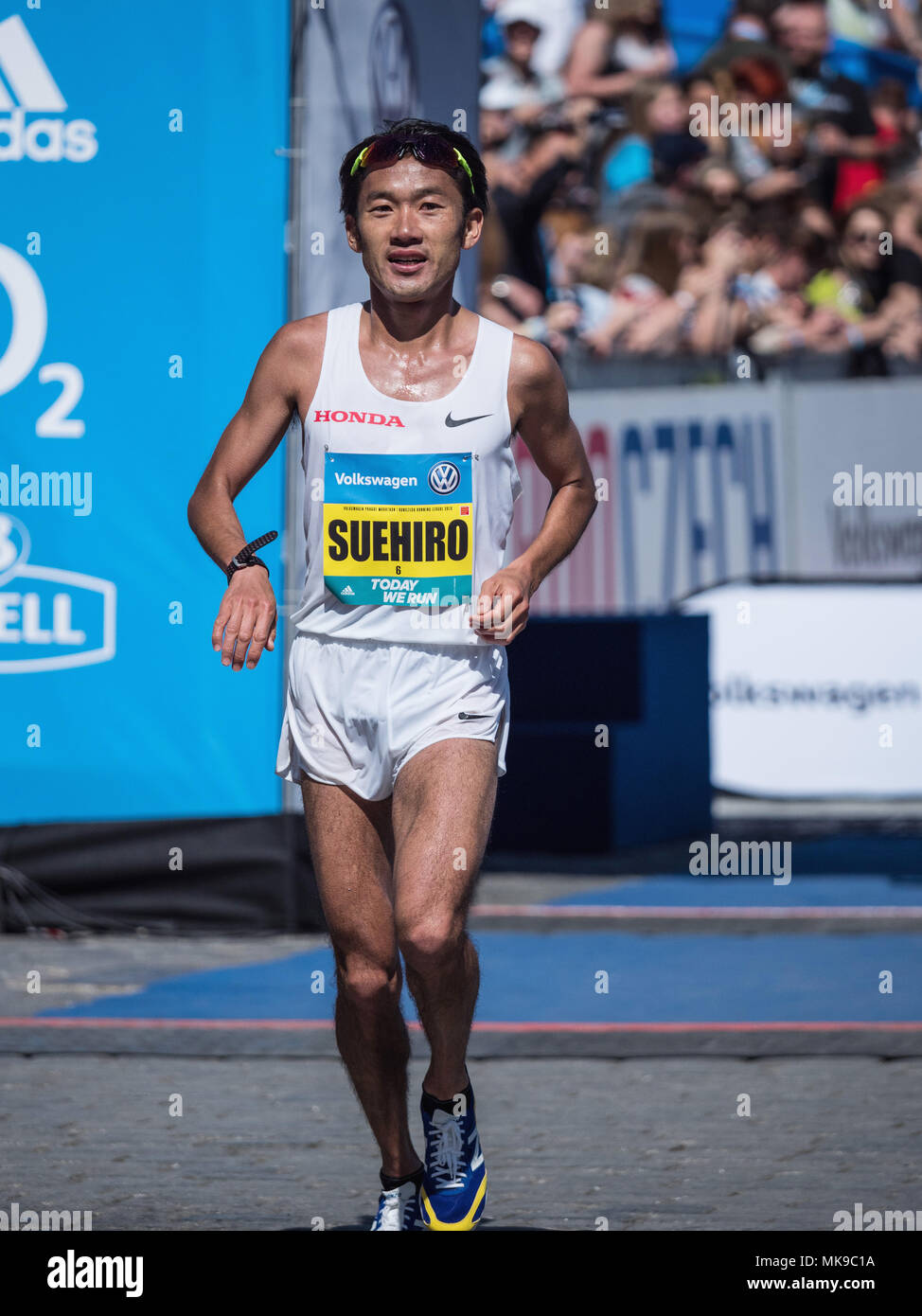Prague, Czech Republic - May 6, 2018: Suehiro Ishikawa runs with Sissay Lema on the Marathon track in Prague Volkswagen Prague Marathon 2018 in Prague Stock Photo
